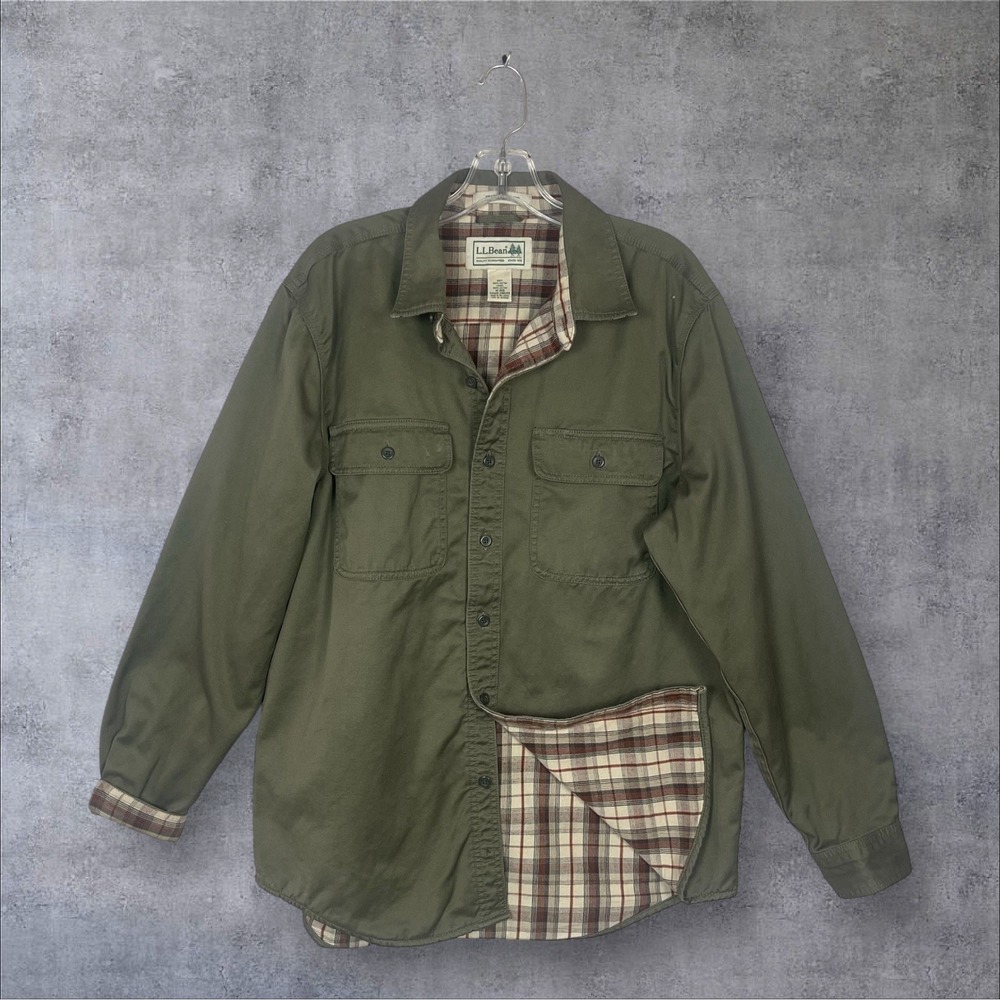 LL Bean Hurricane Flannel Lined Shacket Shirt Mens M Army Green Chore Outdoors